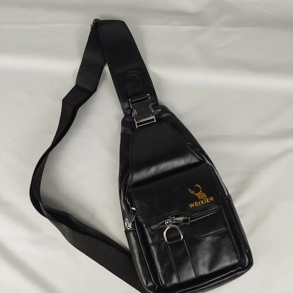 WEIXIER Black Sling Bag Chest Pack Crossbody Faux Leather Travel Daypack